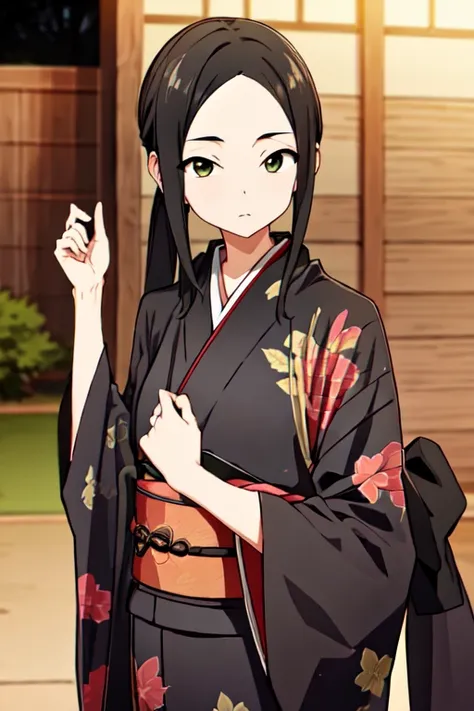 <lora:OshizuHebimoriR4:0.7>, OshizuHebimoriR4, black hair, green eyes, kimono, night