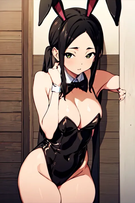 <lora:OshizuHebimoriR4:0.7>, OshizuHebimoriR4, black hair, green eyes, playboy bunny, park