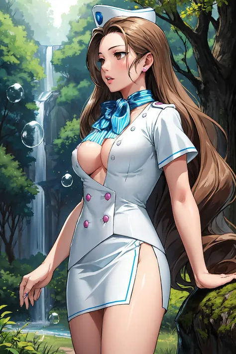 CammyMeele, wearing a white uniform, short skirt, side slit skirt, brown eyes, hat, standing with in a forest, bubbles in air, trees, lightrays,  <lora:CammyMeeleV1_1-000015:0.8>