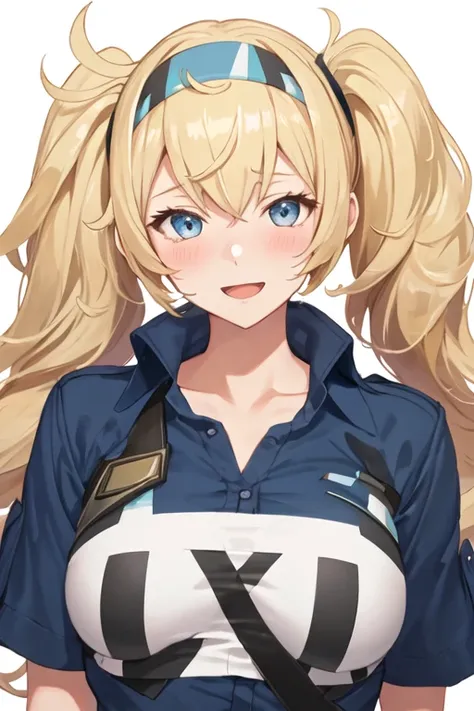 best quality, masterpiece, highres, solo, {gambier_bay_kantaicollection:1.15}, blonde_hair, long_hair, twintails, hairband, blue_eyes, breasts, large_breasts, hair_between_eyes, open_mouth, blush, 1girl, alternate_costume, alternate_hairstyle, blue_shirt, ...