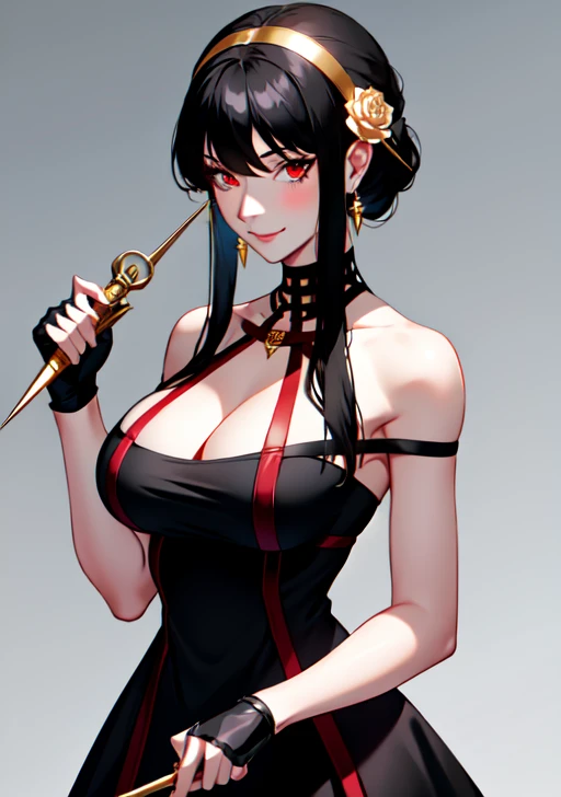 <lora:Yor_Forger:0.7>,yor_forger, 1girl, solo, long hair, breasts, looking at viewer, smile, bangs, large breasts, black hair, hair ornament, red eyes, gloves, dress, holding, cleavage, bare shoulders, jewelry, closed mouth, upper body, weapon, flower, sid...