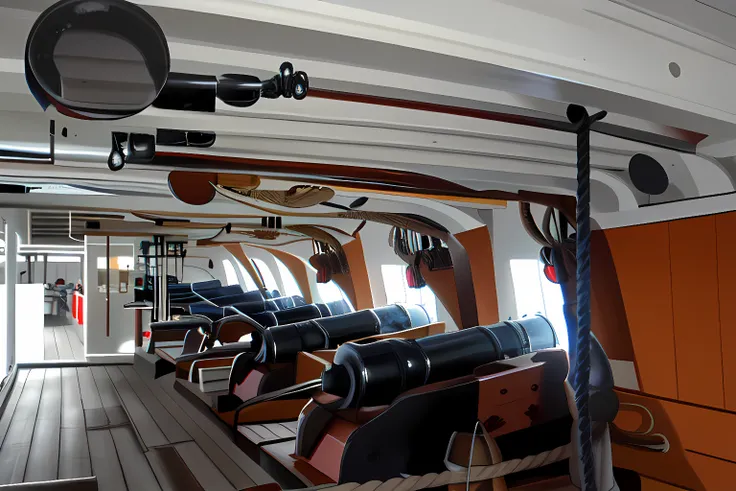 (below decks, gun deck, row of cannons