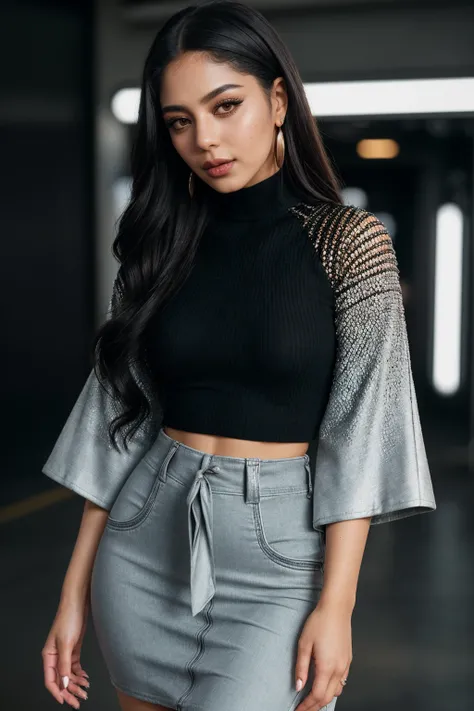 photo of (EPM4y4n3lS4y3d:0.99), closeup portrait, perfect hair, (modern photo, loose-fitting upper body clothing, mock neck, cyberweave alloy,   flutter sleeves, high-low hemline, drop waist, two-piece set, tie closure,,acid wash,,train,,side pockets, cons...