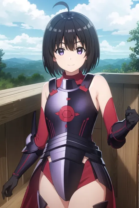 bofurimaple, <lora:bofuri maple s2-lora-nochekaiser:1>,
maple, short hair, bangs, black hair, hair ornament, (purple eyes:1.1), ahoge, bob cut, smile,
BREAK thighhighs, gloves, bare shoulders, boots, black gloves, elbow gloves, armor, red thighhighs, black...