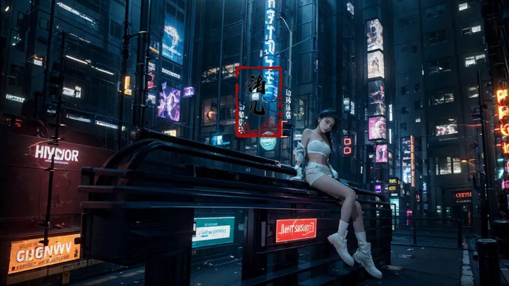 (dramatic, gritty, intense:1.4),masterpiece, best quality, 32k uhd,  hyper quality, Masterpiece,  (science cyber:1.4)
(glow, light pollution:1.3)1girl, cyberpunk, solo, science fiction, city, neon lights, sitting, night, building, strapless, breasts, hol...