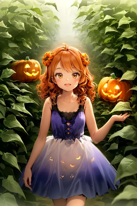 (((masterpiece, best quality))), (((thicker lines))), (((super sharp focus))), A little girl (pumpkin spirit) walking in a pumpkin field, holding a pumpkin lantern bag, singing, (girl 1 (5 years old)), orange hair ((natural curly hair, pumpkin flower hair)...