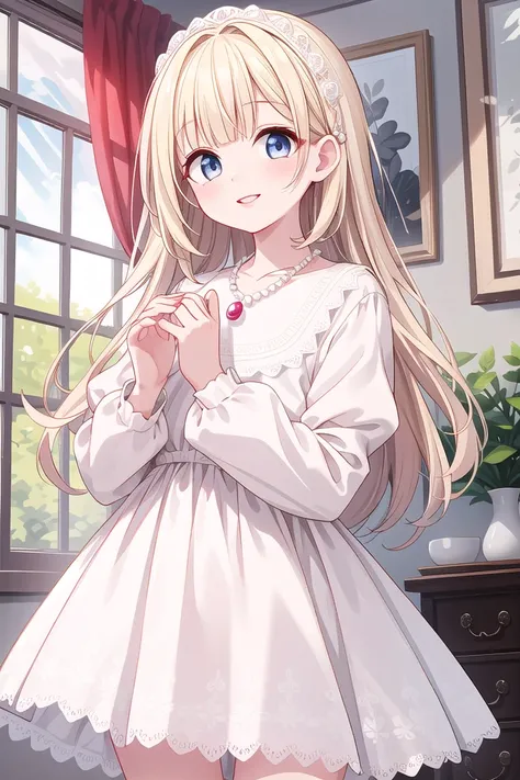 insanely detailed, absurdres, ultra-highres, ultra-detailed, best quality,
1girl, solo, nice hands, perfect hands,
BREAK
(dress, eyelashes, jewelry, lace trimmed dress, lace trim, lips, necklace, pearl necklace, red lips, white dress:1.3)
BREAK
happy smile...