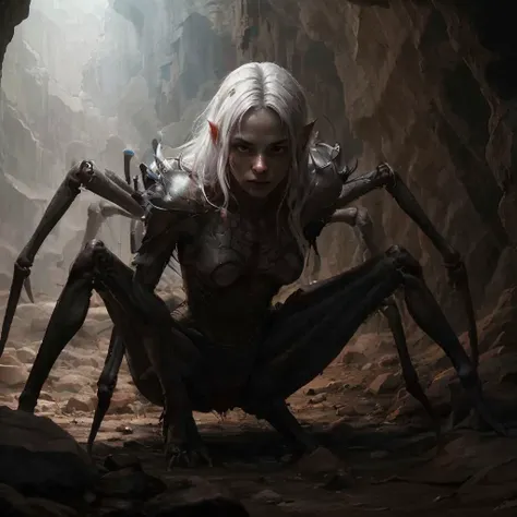 highly detailed photo of a drider in a cave,
1girl, solo:1.2, no humans, 
(spider legs, arthropod limbs, multiple legs):1.25,

long hair, 
white hair, armor, colored skin, cave,

looking at viewer,
detailed elven female face, arachnid body has spider legs,...