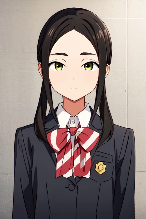 <lora:OshizuHebimoriR4:0.7>, OshizuHebimoriR4, black hair, green eyes, school uniform, simple background, portrait, looking at viewer