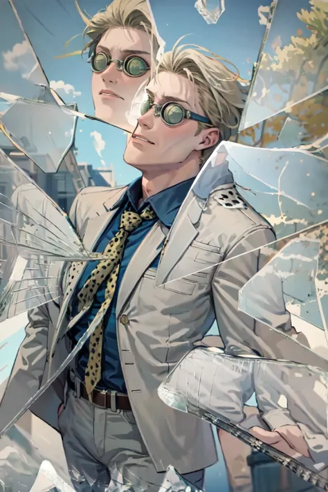 masterpiece, best quality, absurdres, NanamiBase, goggles, grey jacket, yellow necktie, leopard print, blue shirt, collared shirt, grey pants, <lora:CHAR-KentoNanami:1>, <lora:BrokenGlass:1.0> IncrsBrknGls, broken glass, reflection