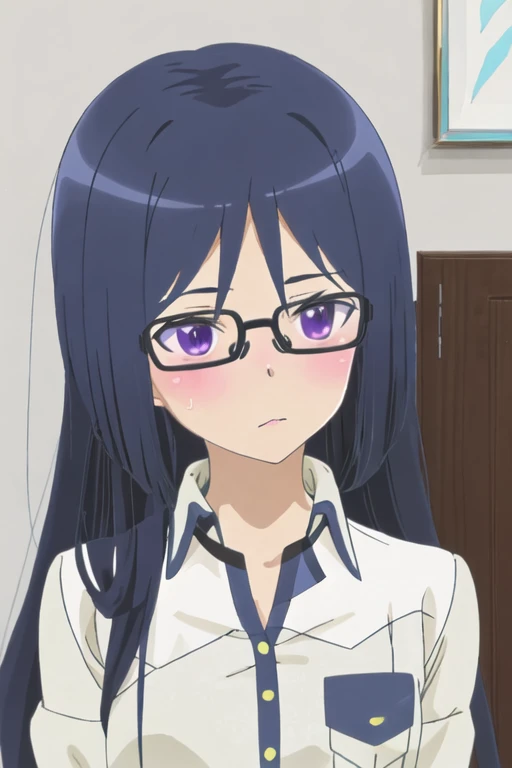 best quality, masterpiece, highres, solo, {momoshina_fumika_alicegearaegisexpansion:1.15}, glasses, long_hair, purple_eyes, blue_hair, blush, black_hair, 1girl