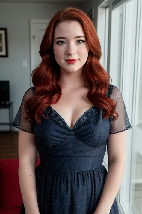 RAW photo of goodnightmoon, red lipstick, makeup, eyeshadow, looking at the camera, 8k uhd, dslr, soft lighting, high quality, film grain, Fujifilm XT3, navy blue dress