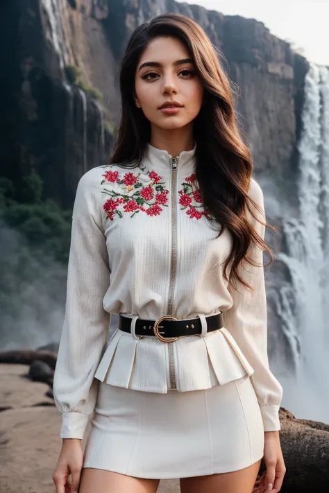 photo of (EPM4y4n3lS4y3d:0.99), closeup portrait, perfect hair, (modern photo, fitted upper body clothing, ribbed, electromagnetic nanofiber,  embroidered fabric, cutout sleeves, high-low hemline, natural waist, two-piece set, zipper closure,,belt included...