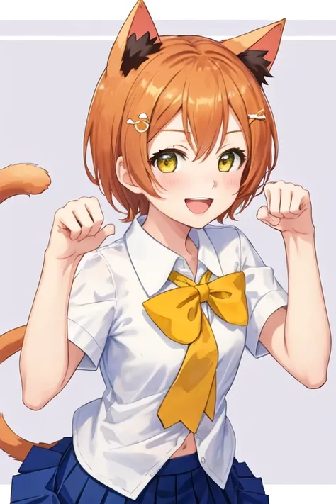 best quality, masterpiece, highres, solo, {hoshizora_rin_lovelive:1.15}, short_hair, orange_hair, smile, yellow_eyes, blush, open_mouth, green_eyes, hair_ornament, 1girl, animal_ears, cat_ears, looking_at_viewer, otonokizaka_school_uniform, paw_pose, schoo...