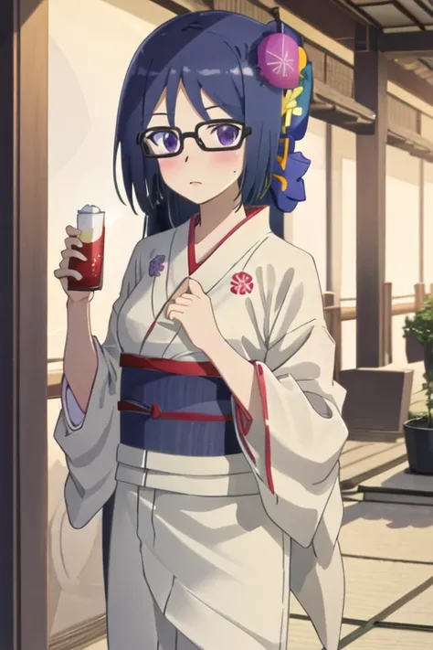 best quality, masterpiece, highres, solo, {yukata:1.40}, {kimono:1.20}, {momoshina_fumika_alicegearaegisexpansion:1.15}, glasses, long_hair, purple_eyes, blue_hair, blush, black_hair