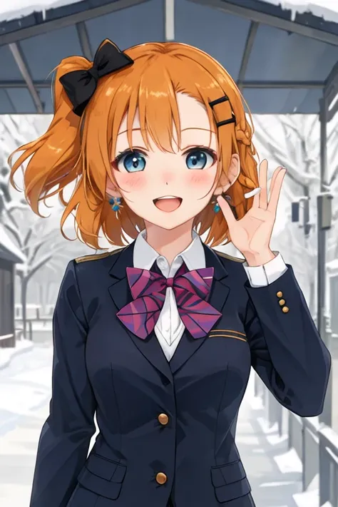 best quality, masterpiece, highres, solo, {kousaka_honoka_lovelive:1.15}, blue_eyes, orange_hair, one_side_up, smile, blush, short_hair, open_mouth, bow, hair_bow, hair_ornament, 1girl, jacket, looking_at_viewer, otonokizaka_school_uniform, school_uniform,...