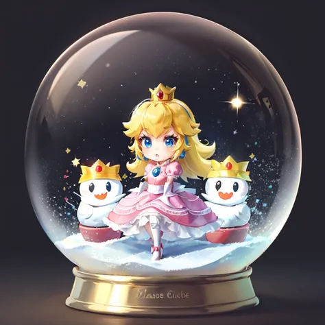 <lora:snow_globe:0.8>, snow_globe, in container,(masterpiece, best quality), 1girl,    <lora:princesspeach-lora-nochekaiser:1> princess peach, blonde hair, blue eyes, long hair, crown, dress, gem, gloves, pink dress, puffy short sleeves, puffy sleeves, sho...