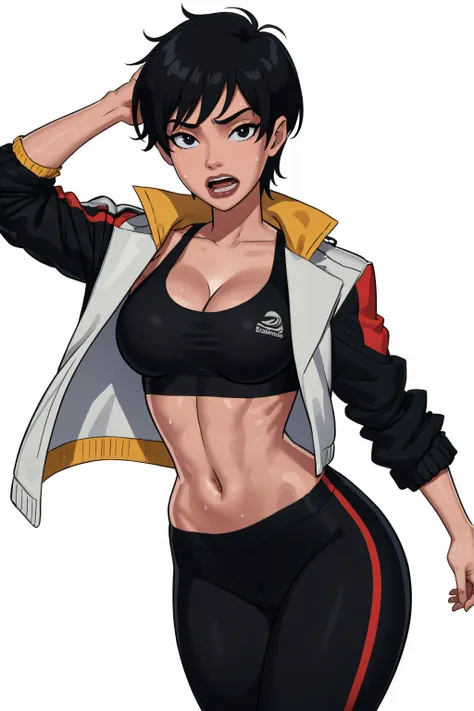 (masterpiece, best quality:1.2),   <lora:somethingunlimited:1>, somethingunlimited, 1girl, solo, breasts, jacket, large breasts, navel, pants, looking at viewer, sports bra, sweat, simple background, open mouth, cleavage, white background, short hair, open...