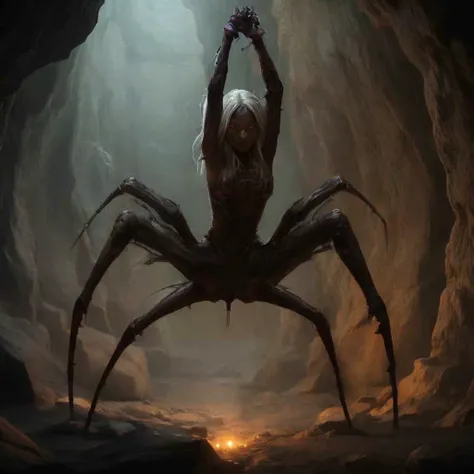 highly detailed photo of a (drider):1.1 in a cave,
1girl, solo:1.2, no humans, 
(spider legs, arthropod limbs, multiple legs):1.3,

long hair, (blue eyes):1.2,
white hair, dress,


looking at viewer,
elven female face, arachnid body has spider legs,

reali...