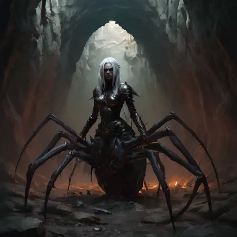 
drider, 1girl, solo, no humans, spider legs, arthropod limbs, multiple legs, long hair, breasts, medium breasts, white hair, armor,