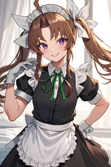 best quality, masterpiece, highres, solo, {maid:1.40}, {long maid dress:1.15}, {kagerou_kantaicollection:1.15}, brown_hair, twintails, ribbon, long_hair, hair_ribbon, ahoge, purple_eyes, green_ribbon, vest, neck_ribbon, smile, white_ribbon, yellow_ribbon