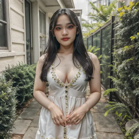 <lora:ashel_v1:1> asheljkt48, 1girl, solo, looking at viewer, realistic, pants, fully clothed, outdoors, cleavage, wearing a dress, eyes, black eyes