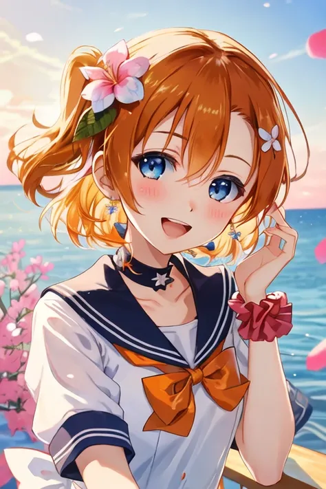 best quality, masterpiece, highres, solo, {kousaka_honoka_lovelive:1.15}, blue_eyes, orange_hair, one_side_up, smile, blush, short_hair, open_mouth, bow, hair_bow, hair_ornament, 1girl, bangs, flower, hair_flower, looking_at_viewer, upper_body, :d, hair_be...