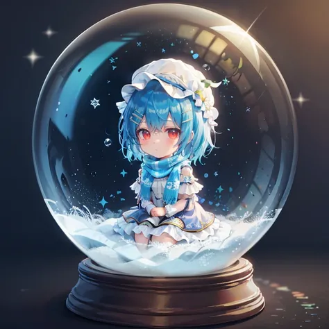 ((masterpiece,best quality)), absurdres,
<lora:snow_globe:0.8>,
snow_globe, 1girl, solo, short hair, hair ornament, red eyes, hat, dress, blue hair, hairclip, chibi, scarf, mob cap, bubble, blue scarf