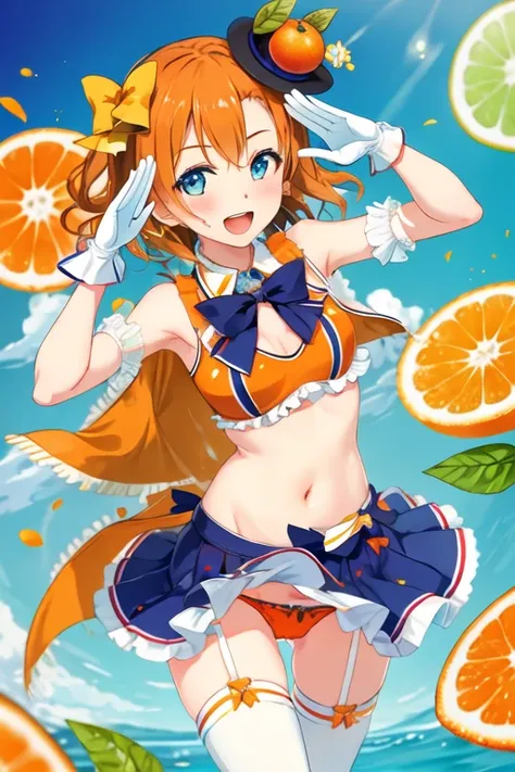 best quality, masterpiece, highres, solo, {kousaka_honoka_lovelive:1.15}, blue_eyes, orange_hair, one_side_up, smile, blush, short_hair, open_mouth, bow, hair_bow, hair_ornament, 1girl, food, fruit, gloves, hat, looking_at_viewer, orange_(fruit), white_glo...