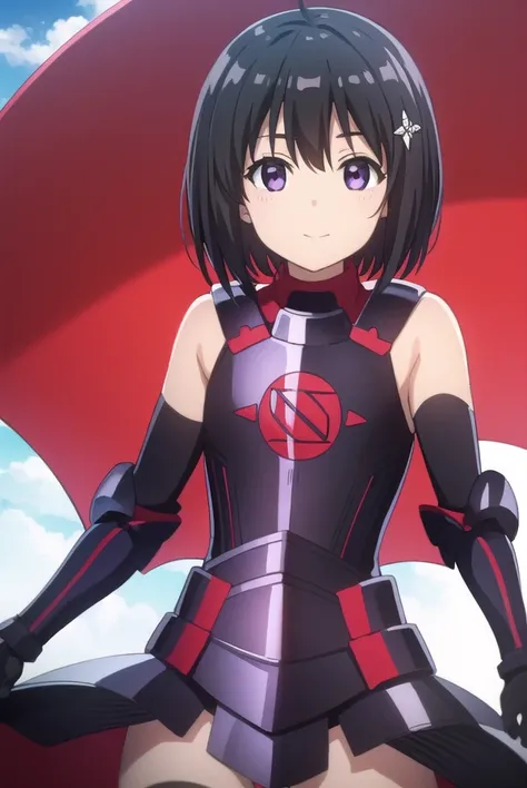 bofurimaple, <lora:bofuri maple s2-lora-nochekaiser:1>,
maple, short hair, bangs, black hair, hair ornament, (purple eyes:1.1), ahoge, bob cut, smile,
BREAK thighhighs, gloves, bare shoulders, boots, black gloves, elbow gloves, armor, red thighhighs, black...