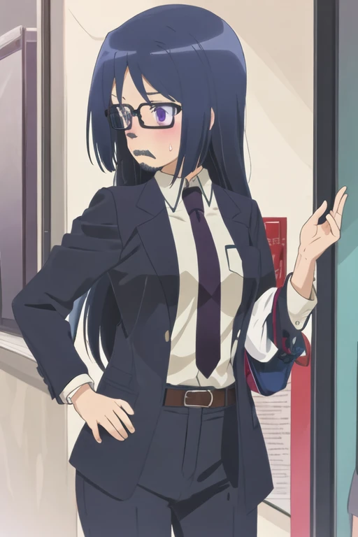 best quality, masterpiece, highres, solo, {momoshina_fumika_alicegearaegisexpansion:1.15}, glasses, long_hair, purple_eyes, blue_hair, blush, black_hair, formal, necktie, suit, 1girl, facial_hair, mustache, sweatdrop