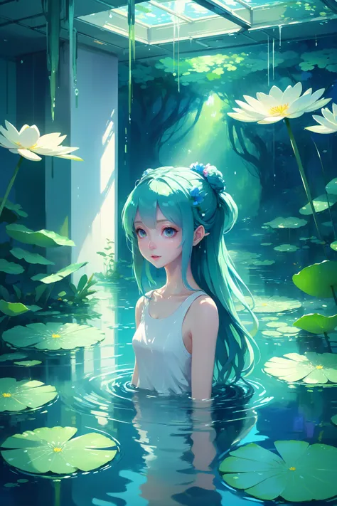 anime style digital painting, <lora:EnvySendNoodzXL01:0.5>1girl, woman, beautiful, brightly lit interior, in a Lively Flooded forest with water lilies<lora:EnvyBetterHiresFixXL01:0:hr=1>