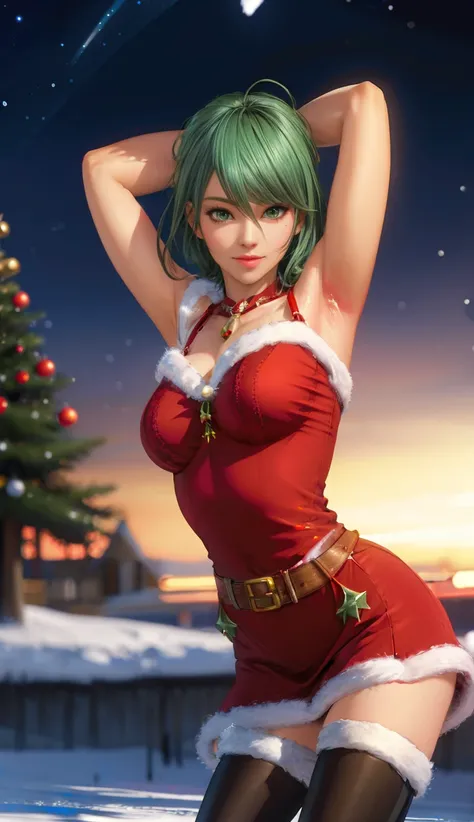 masterpiece,highres,3D graphics,available light,snowflakes,outdoors,
tamaki,1girl,solo,green hair,green eyes,((red christmas dress)),thighhighs,looking_at_viewer,arms behind head,christmas,portrait,
<lora:add_detail:0.3>,<lora:tamaki-000005:0.7>,
