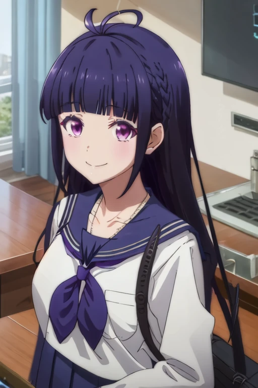 best quality, masterpiece, highres, solo, {izawa_ai_renaiflops:1.15}, long_hair, bangs, blunt_bangs, purple_eyes, braid, purple_hair, smile, black_hair, antenna_hair, 1girl, sailor_collar, school_uniform, serafuku, upper_body, closed_mouth, shirt, indoors,...