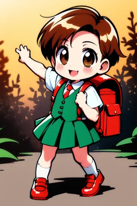 <lora:rokujoumugi:0.8> rokujoumugi, brown hair, short hair, brown eyes, chibi, toddler, a very young child, 
1girl, solo, backpack, bag, skirt, short hair, brown hair, randoseru,  full body, socks, forest, brown eyes, school uniform, holding strap, shoes, ...