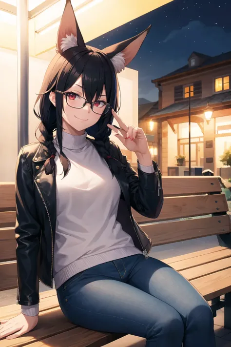 1girl, solo, sidelocks, twinbraids, black hair, red eyes, smug, smirk, glasses, sitting, bench, partk, at night, long hair, white sweater, leather jacket, black jacket, fox girl, fox ears, fox tail, jeans, black tail, skindentation  <lora:JewelMilk-Style-v...