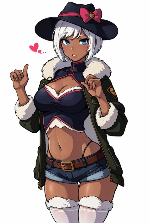 (masterpiece, best quality:1.2),  <lora:adjatha:1>, adjatha, 1girl, solo, hat, thighhighs, breasts, shorts, large breasts, navel, white thighhighs, white background, short shorts, blue eyes, midriff, jacket, heart, belt, micro shorts, cleavage, short hair,...