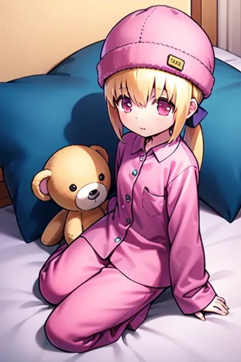 <lora:Linear:1> Linear, 1girl, pajamas, solo, barefoot, stuffed toy, stuffed animal, pillow, hat, ponytail, sitting, teddy bear, 
masterpiece, high quality, very_high_resolution, large_filesize, full color,