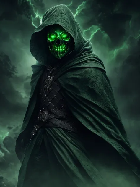 powerfull , horror photo of a (a green skull face demon lich:1.2),cloak,  ((half body view)) ,((glowing green eyes)), demonic magic,looking at the viewer,smoke cloak, (cinematic pose), tall structures, aurora background,  perfect hands,detailed symmetric c...