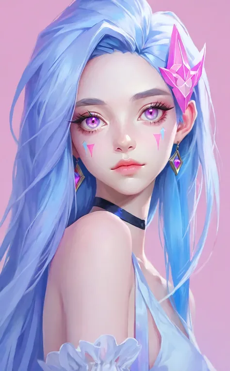 jinx, Draw a light on a blue, faced k-pop girl, (masterpiece:1.2),hi-res,4k,extremely delicate and beautiful art,pastel color,jinx_/(league of legends/), pink eyes, blue hair, portrait