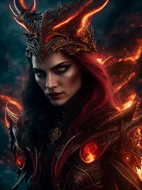 powerfull woman , evil black dragon, glowing red eyes, detailed scales, twisted horns,(cinematic pose),looking at the viewer, fire effects, colorful flying orbs, cosmic city background, tall structures, aurora background, perfect detailed face, perfect han...