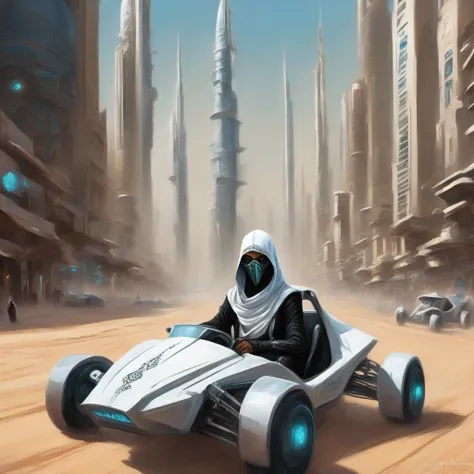 Clair-obscur, digital painting, oil painting, landscape, ((birds eye view)), emirati arab "assassins creed" fremen ninja iman sheikh wearing futuristic spacepunk atompunk white cyber-onesie and white saudi Gutra headdress, driving retrofuturistic armoured ...
