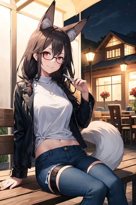 1girl, solo, sidelocks, twinbraids, black hair, red eyes, smug, smirk, glasses, sitting, bench, partk, at night, long hair, white sweater, leather jacket, black jacket, fox girl, fox ears, fox tail, jeans, black tail,thigh strap, skindentation <lora:Touwa-...
