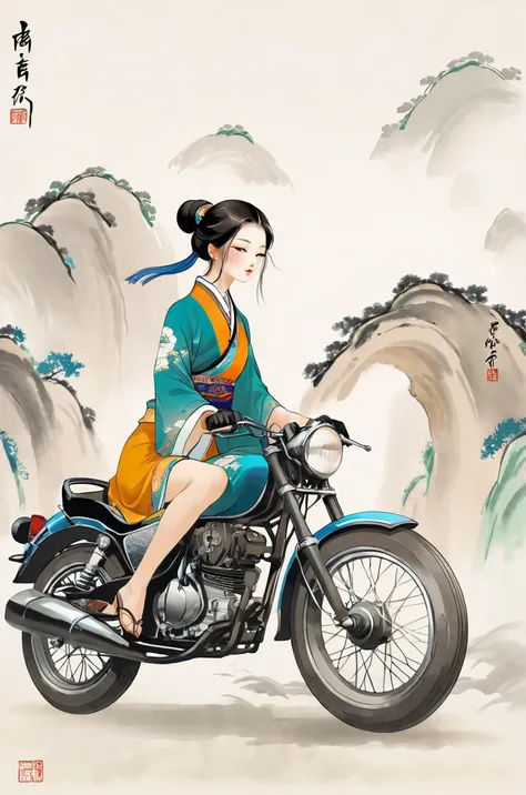 1girl,ridingmotor,motorcycle,Chinese traditional painting style,Tang Dynasty painting style,Fisheyes,masterpieces,top quality,best quality,official art,beautiful and aesthetic,animation,8k raw,minimalism,(simple background:1.2),