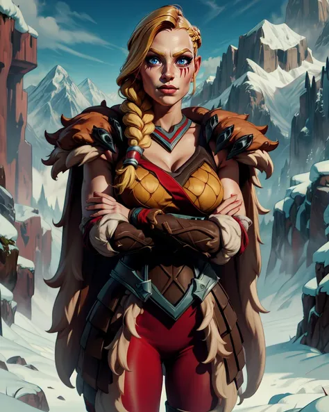 Tyra,blond hair,braid,red check tattoo,blue eyes,smug,solo,mug,
armor,boots,brown footwear,gloves,cape,bare shoulders,fur trim,shoulder armor,
upper body,standing,s,
fantasy,snow mountain,crossed arms,
(insanely detailed, beautiful detailed face, masterpie...