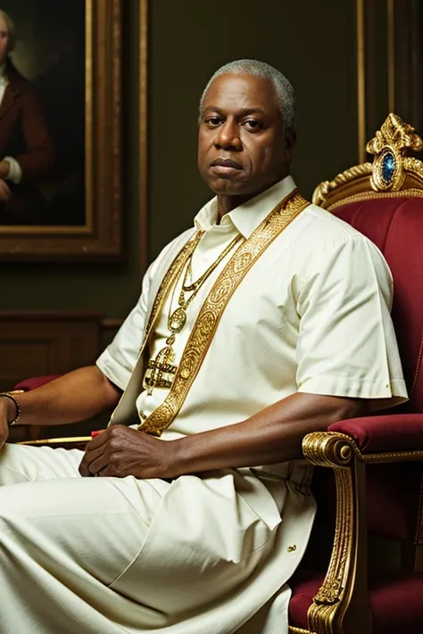 AndreBraugher, photography by (David LaChappelle:1.3), seated on throne, King of France, modelshoot, pose, (closeup on upper body:1.3), Flemish masters, luxurious fabrics, silk, Versailles, French aristocracy, palace interior, 1782, large oil paintings on ...