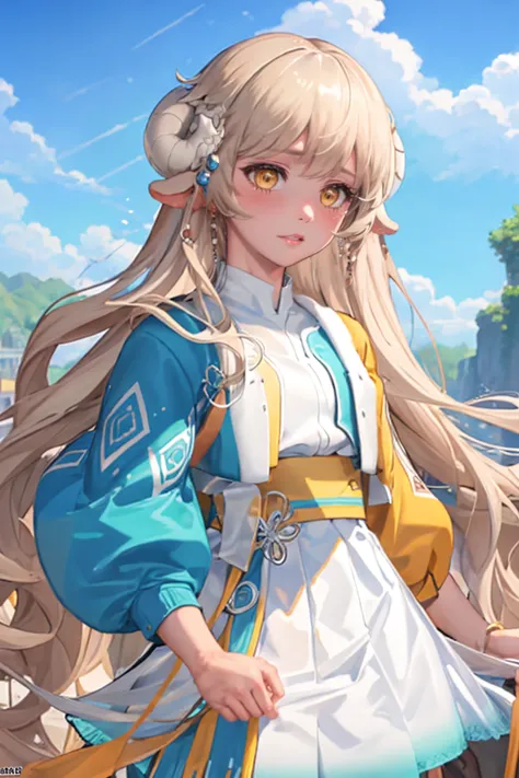 ultra detailed, sharp focus, best quality, masterpiece, colorful, <lora:NSLaraMaplestory:0.9> NSLaraMaplestoryBase, blonde hair, dress, jacket, sky background, best quality, masterpiece, intricate details