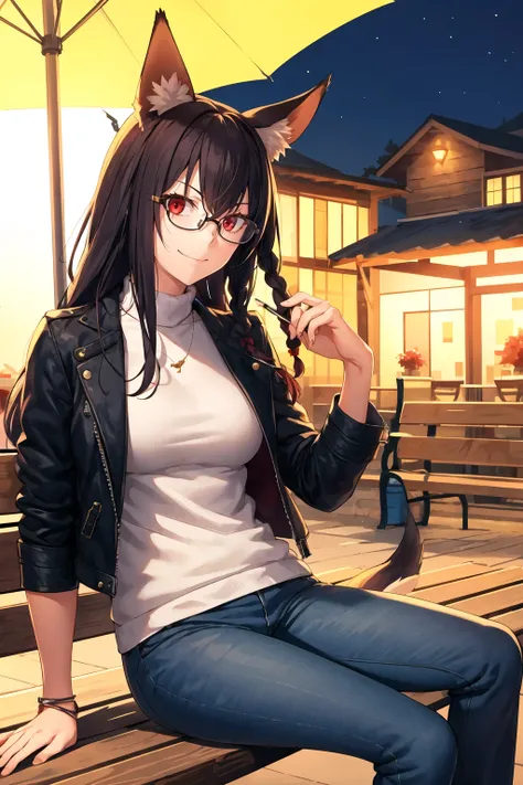 1girl, solo, sidelocks, twinbraids, black hair, red eyes, smug, smirk, glasses, sitting, bench, partk, at night, long hair, white sweater, (leather jacket, black jacket:1.2), fox girl, fox ears, fox tail, jeans, black tail, skindentation  <lora:Koyama-Styl...