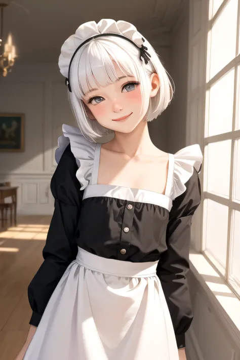 (masterpiece, best quality), 1girl, solo, white hair, short hair, straight hair, blunt bangs, grey eyes, flat chest, narrow waist, petite, pale skin, mansion, indoors, maid, maid headdress, maid apron, cowboy shot, blush, light smile, head tilt, bowing