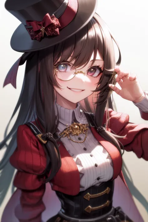 masterpiece, best quality, highres, 1girl monocle, top hat, portrait smile <lora:monocle_2:1>